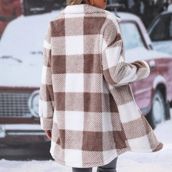 Multicolor Casual Women's Buffalo Plaid Pattern Drop Shoulder Teddy Coat - Picture 2 of 4